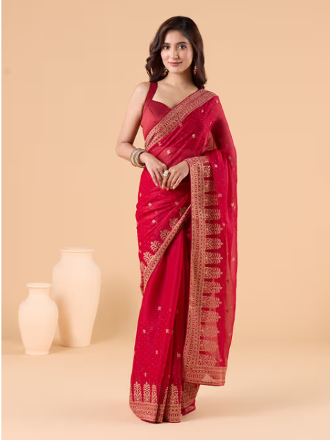 Love Defined Red Georgette Embroidered Party Saree and Unstitched Blouse