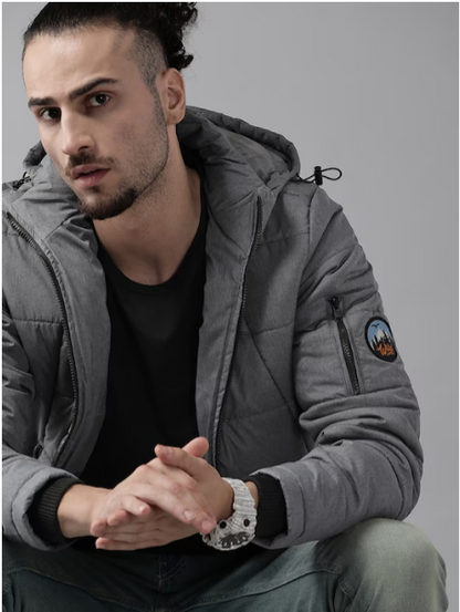 Men Charcoal Grey Solid Padded Jacket