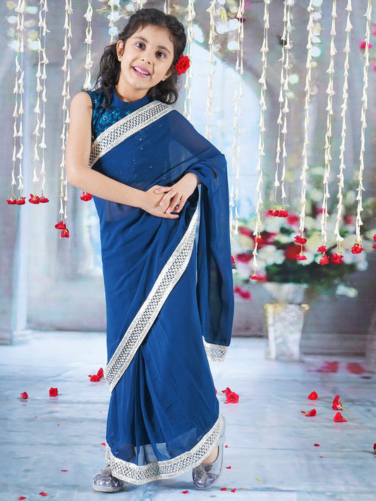 Girls Cotton Sleeveless Floral Embroidery Ready to wear Blouse with Ready to wear Georgette Saree