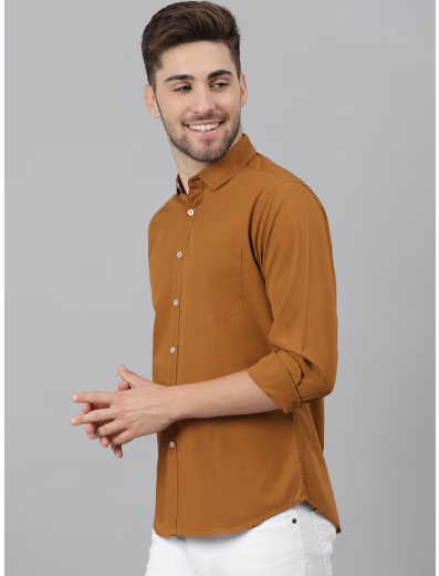 Men Brown Slim Fit Cotton Solid Casual Shirt