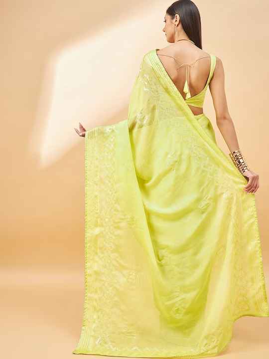 all about you Lime Green Embroidered Pure Chiffon Saree