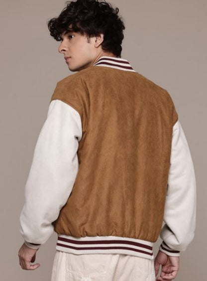 Men Brown Suede Finish Bomber Jacke