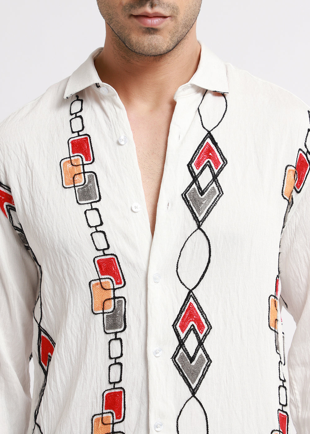 White Abstract Embroidered Shirt