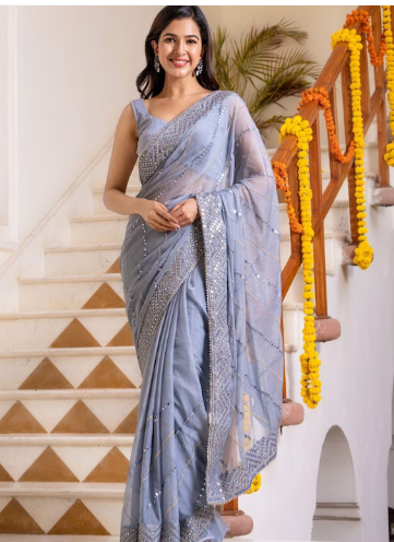 HOUSE OF JAMOTI Embellished Mirror Work Saree