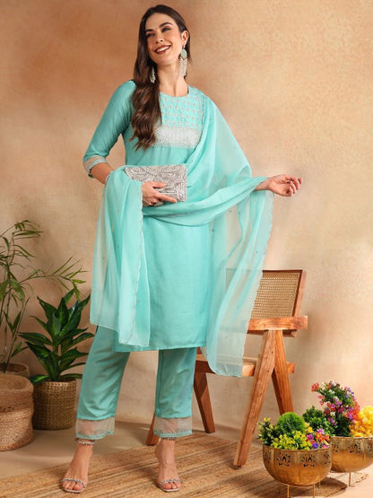 Floral Embroidered Regular Sequinned Kurta With Trousers & Dupatta