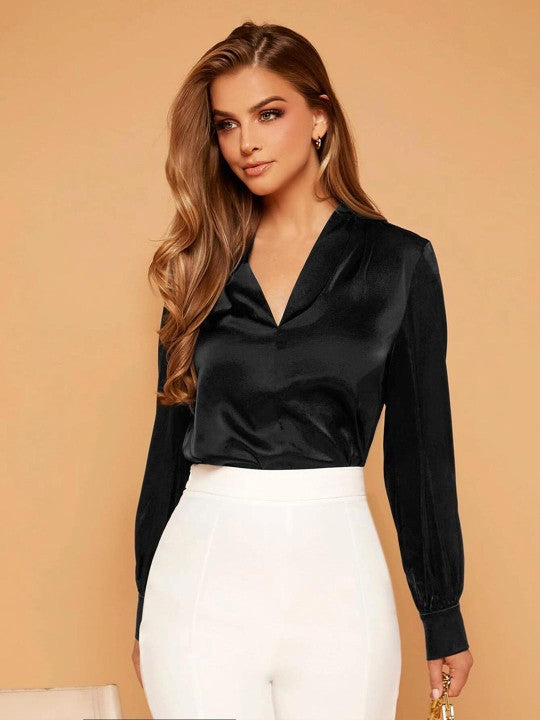 Black V-Neck Cuffed Sleeve Satin Top