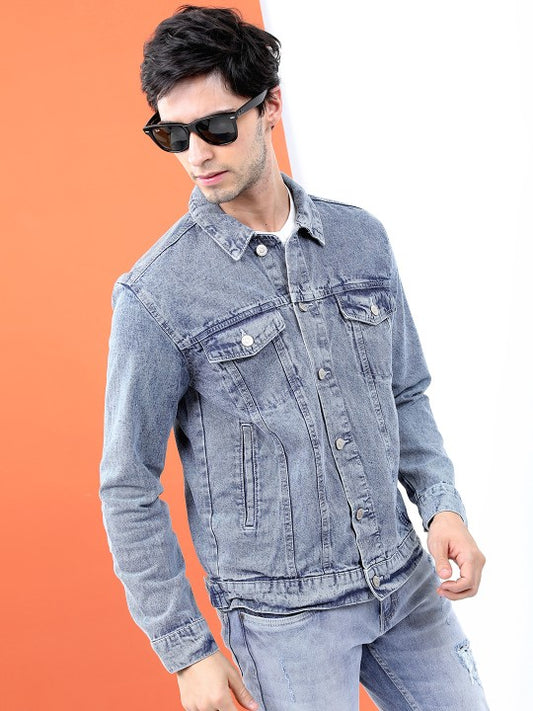 Men Blue Washed Crop Denim Jacket