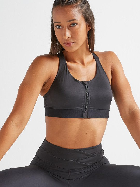 Black Large Cup High Support Front Zip Padded Sports Bra