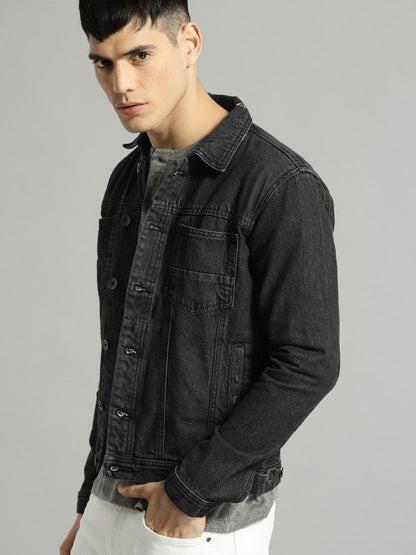 Men Black Solid Denim Jacket