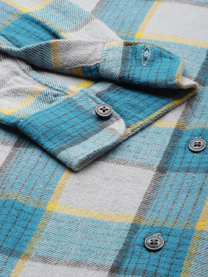 Men Grey & Teal Blue Slim Fit Checked Flannel Cotton Casual Shirt