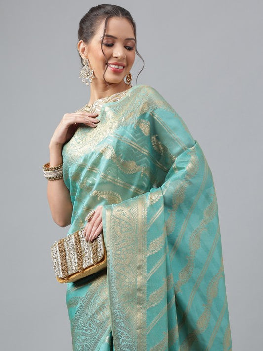 Ethnic Motif Woven Design Zari Organza Kanjeevaram Saree