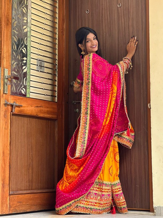 Orange & Pink Printed & Embroidered Pure Chiffon Bandhani Saree