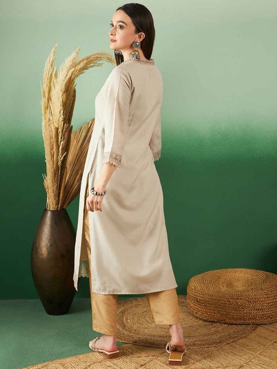 Embroidered V-Neck Straight Cotton Kurta