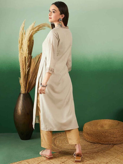 Embroidered V-Neck Straight Cotton Kurta