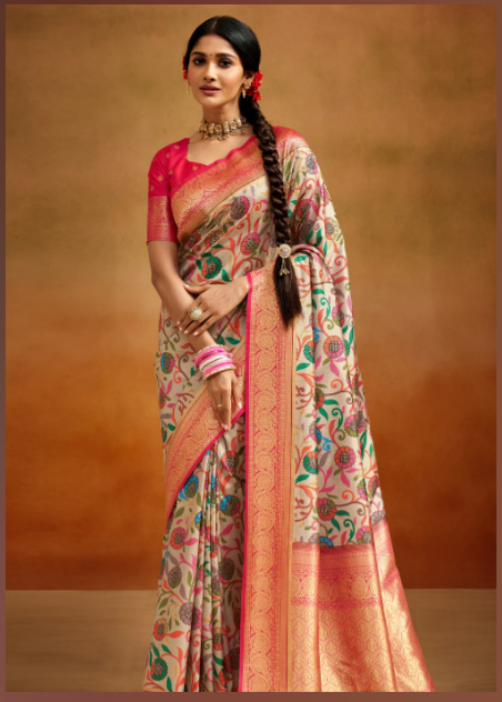 Almond Beige Woven Banarasi Silk Saree With Kalamkari Print