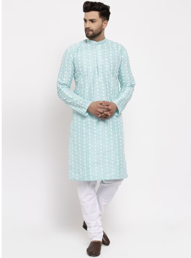 Jompers Men Turquoise Blue Embroidered Chikankari Straight Cotton Kurta