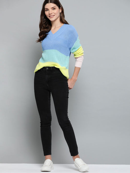 Mast & Harbour Women Blue Colourblocked Pullover Sweater