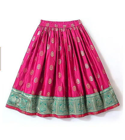 Half Sleeves Pattu Pavada Choli with Lehenga Set with Floral Embroidery - Fuchsia