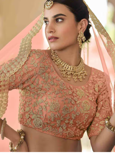 Pretty Peach Soft Net Semi Stitched Lehenga with Unstitched Blouse