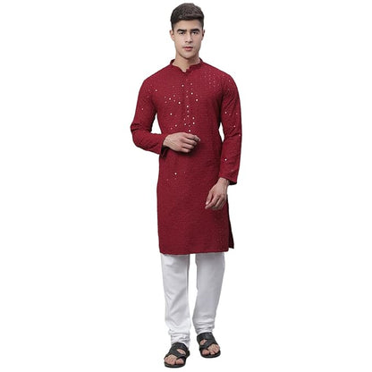 Men's Pure Cotton Mustard Embroidered Sequined Kurta and White Pyjama Set