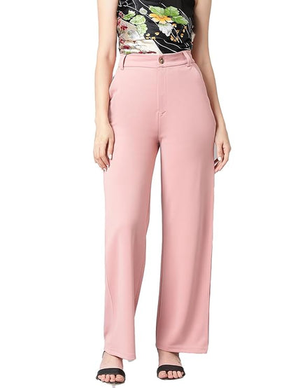 KOTTY Women's High Rise Cotton Blend Relaxed Fit Trousers