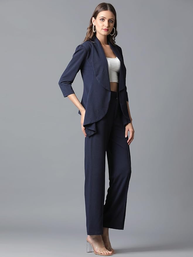 Women's Solid Relaxed Fit 3/4 Sleeve Co-ord Blazer