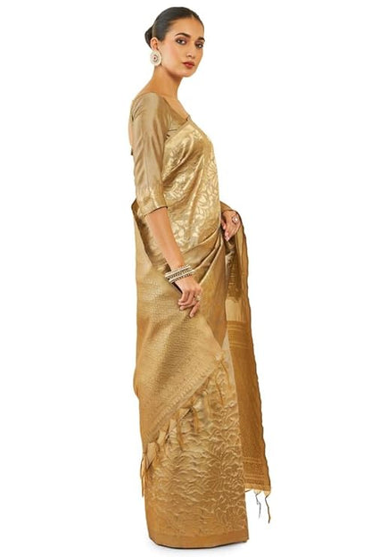 Womens Beige Tussar Silk Saree With Zari Woven Floral And Foliage Designs