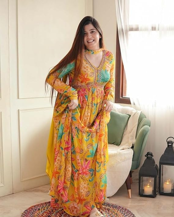 Women's Glamourous Yellow Aliya Cut PAIRED with Pant and Dupatta