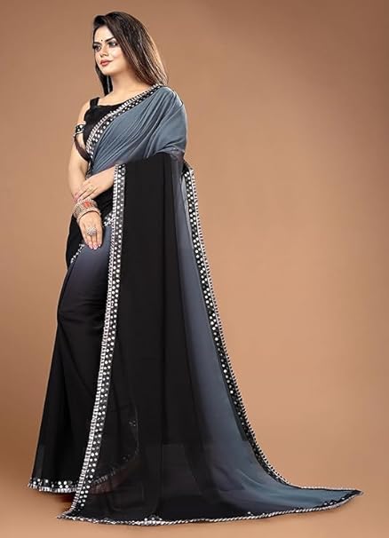 Women's Georgette Padding 2 Ton Saree with Mirror Lace Border With Blouse Piece