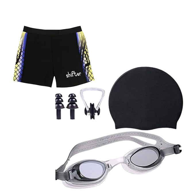 Men Swimming Shorts Trunks Combo KIT with Swimming Cap Goggles EARPLUGS and Nose