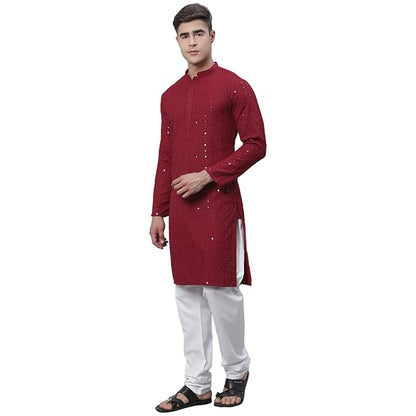 Men's Pure Cotton Mustard Embroidered Sequined Kurta and White Pyjama Set