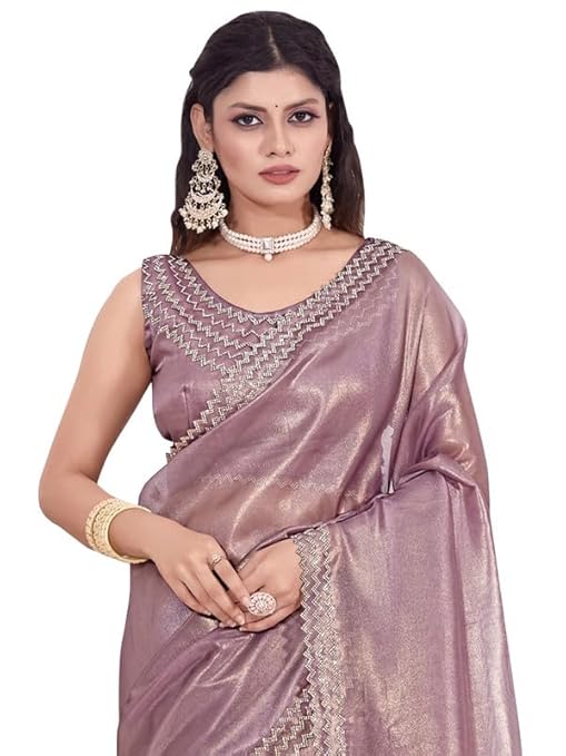 AKHILAM Women's Organza Solid Embellished Saree