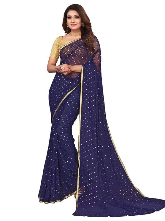 Women's Jari Border & Mukaish Work Chiffon Saree with Unstitched Blouse Piece