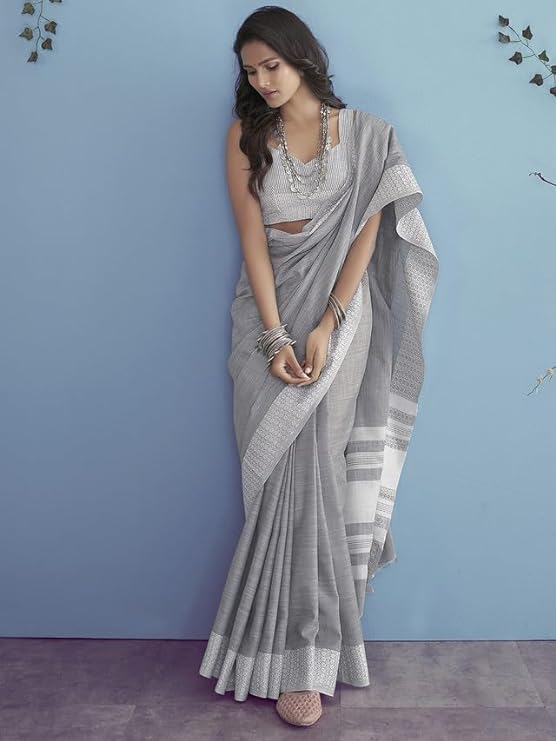 Women's Self Woven, Jacquard Border Cotton Saree with Unstitched Blouse