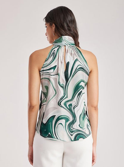 Satin Halter Neck Top - Green and White