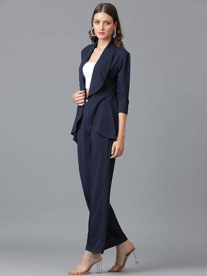 Women's Solid Relaxed Fit 3/4 Sleeve Co-ord Blazer