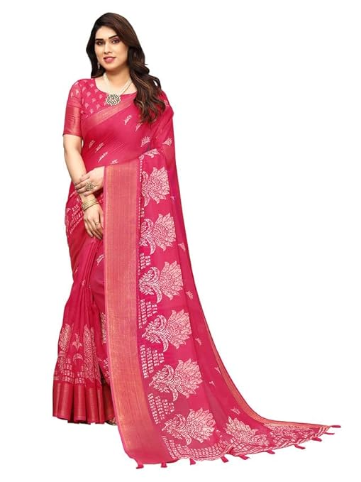 Women's Printed Zari Patta Poly Cotton Saree with Unstitched Blouse Piece