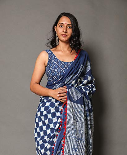 Shivanya Handicrafts Indigo Print Cotton Mulmul Saree for Women Attached Blouse Piece