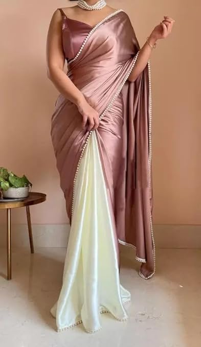 BRAHMSHAKTI Womens Satin Half Half Collection Saree With Blouse Piece