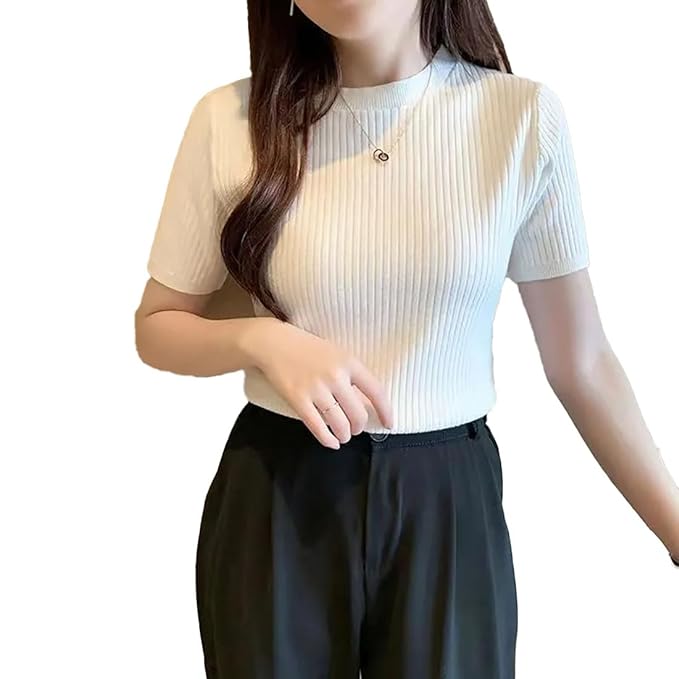 Istyle Can Plain Round Neck Rib Knit Regular Top for Women