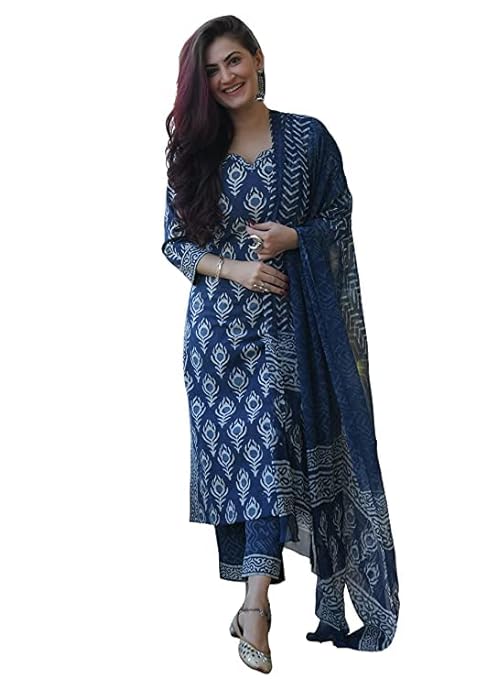 KLOSIA Women Blue Indigo Printed kurta Set With Dupatta