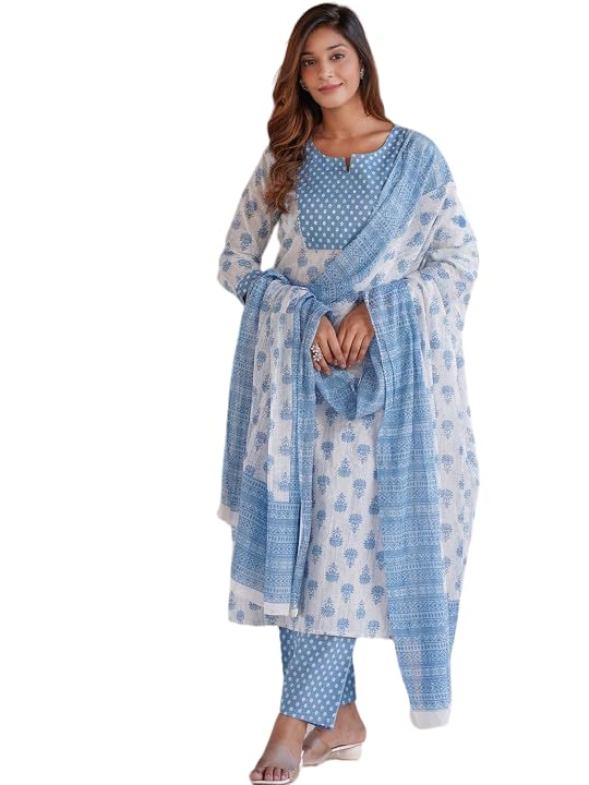 Women Cotton Straight Printed Kurta Pant and Dupatta Set