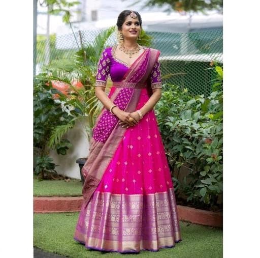 Women's Indian Traditional Unstitched Kanjivaram Silk Weaving Lehenga Choli Along With Dupatta Attach With Unstitch Blouse Piece, Half Saree