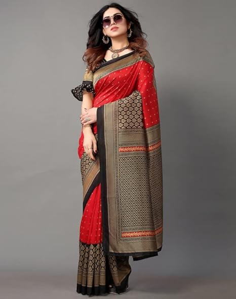 Women's Printed Poly Silk Saree with Unstitched Blouse Piece