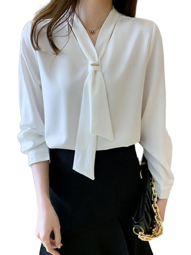 Women's Tie Neck Summer Long Sleeve V-Neck Chiffon Korean Style Plain Business Work Shirts