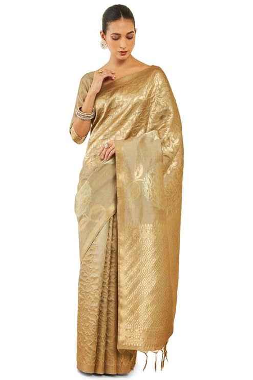 Womens Beige Tussar Silk Saree With Zari Woven Floral And Foliage Designs