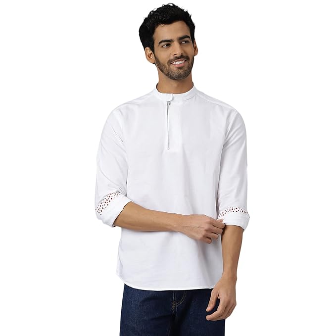 Men's Kingdom Of White Zipper Collar Cotton Twill White Shirt