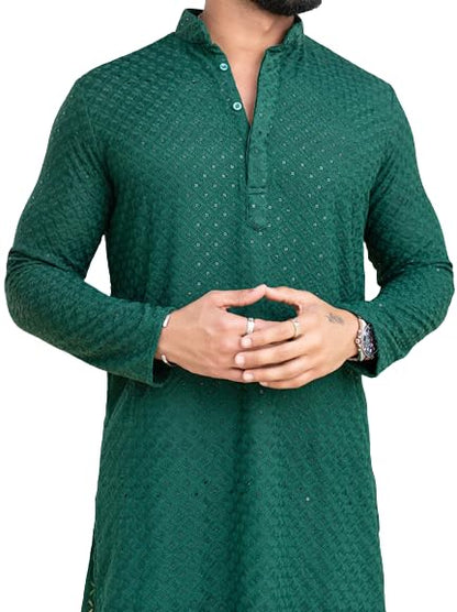 Men's Floral Embroidered Cotton Rich Traditional and Lakhnavi Ethnic Wear Straight Kurta