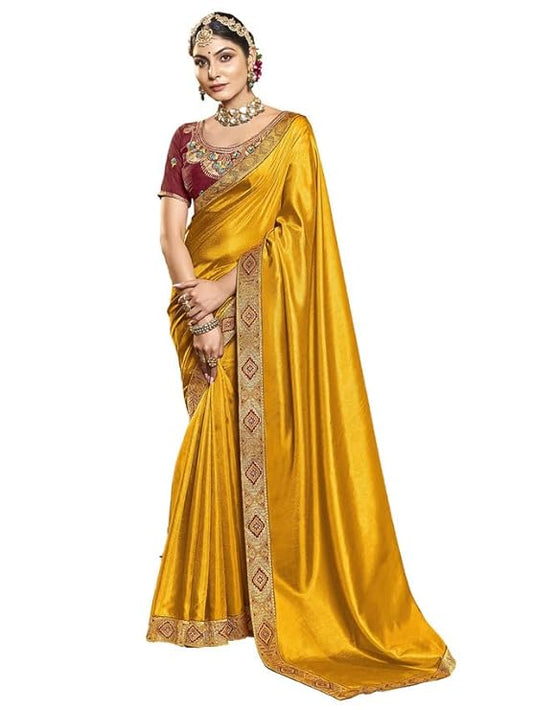 Satrani Women's Art Silk Solid Lace Work Saree With Unstitched Blouse Piece