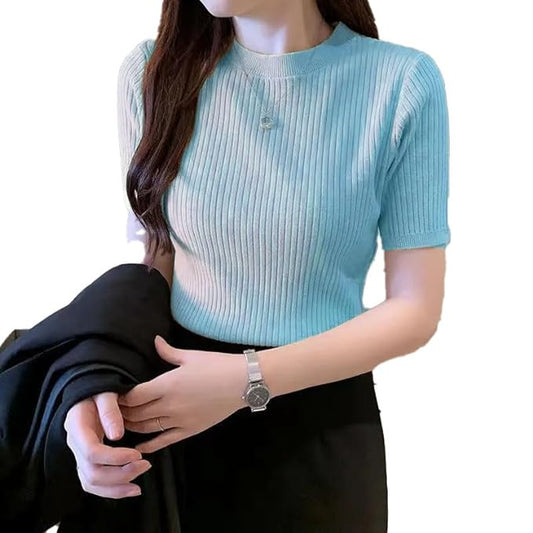 Istyle Can Plain Round Neck Rib Knit Regular Top for WomenIstyle Can Plain Round Neck Rib Knit Regular Top for Women